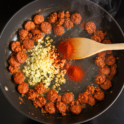 Chorizo, hvitløk og røkt paprika koking i en panne for torsk med chorizo