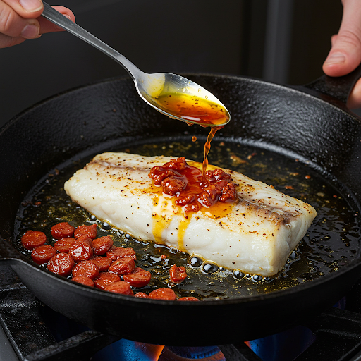 Krydrede torskfileter lagt i en panne med sprø chorizo.