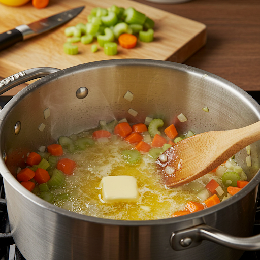 Løk, gulrøtter og selleri stekes i smør i en stor kjele for å lage kremet kyllingsuppe