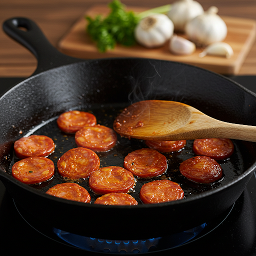 Steke med sydende chorizo ​​som frigjør rike oljer for torsk med chorizo.