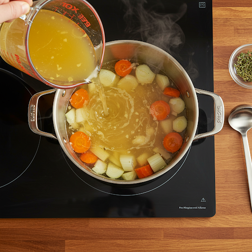 Strimlet kylling tilsettes i en kjele med buljong og krydder for en smakfull kremet kyllingsuppe.