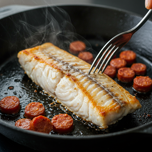 Torsk med chorizo ​​matlaging i panne, med en gaffel som tester flakheten
