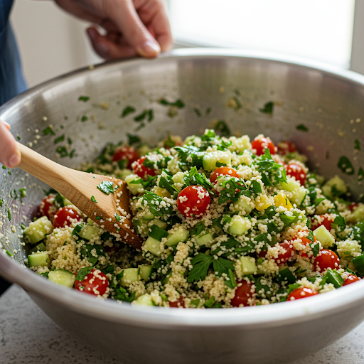 Couscous salat som blandes i en bolle med en tresleiv