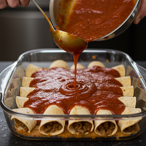 Enchiladas med kylling dekket med rød saus