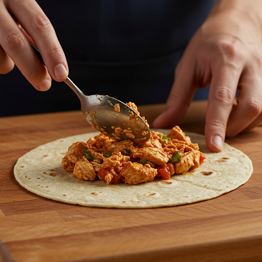 Fylling legges i tortilla for enchiladas med kylling.