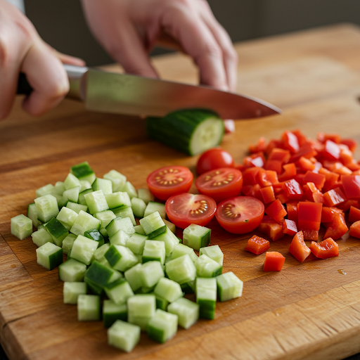 Hakkede agurker, tomater og paprika på et skjærebrett couscous salat ingredienser