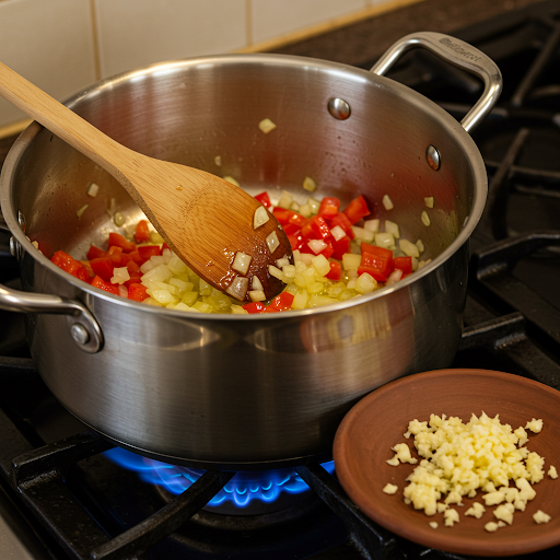 Hakket løk og paprika surres i en gryte for meksikansk gryte.