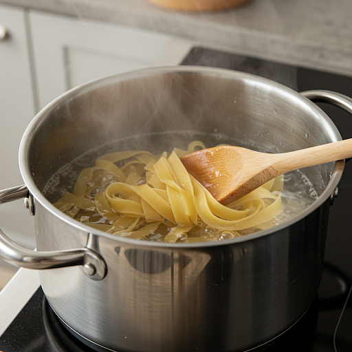 Laksepasta med spinat kokende pasta i en gryte med damp som stiger