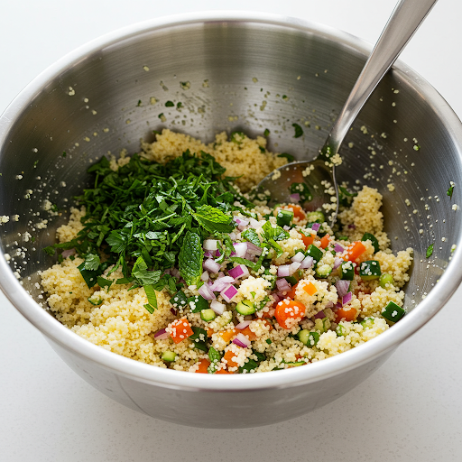 Olivenolje og sitrondressing som vispes i en liten bolle couscous salat dressing