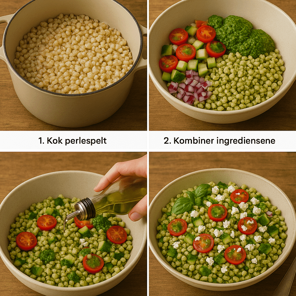 Perlebyggsalat med grønn pesto og feta