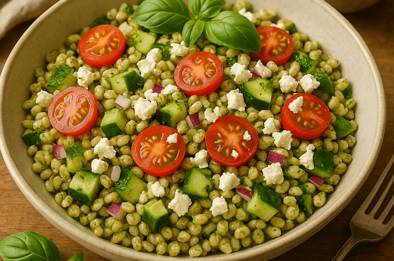 Perlebyggsalat med grønn pesto og feta