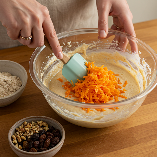 Revet gulrot tilsettes i røre for saftige gulrotmuffins.