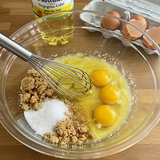 Skål med sukker, olje og egg blandes for gulrotmuffins