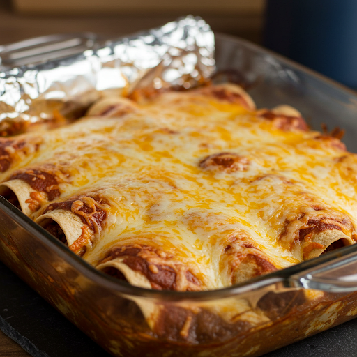 Smeltet ost på ferdigbakte enchiladas med kylling.