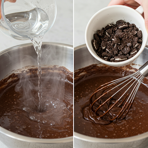 Tilsett kokende vann og knuste oreo til oreokake