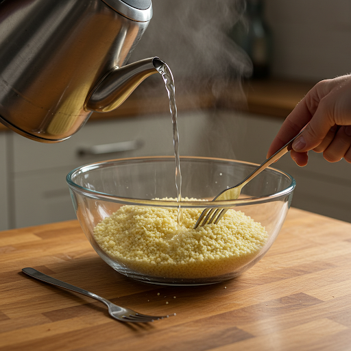 Tørr couscous i en bolle med varmt vann som helles over couscous salat forberedelse