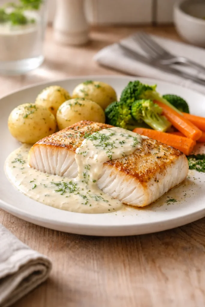 Stekt torsk med fløtesaus