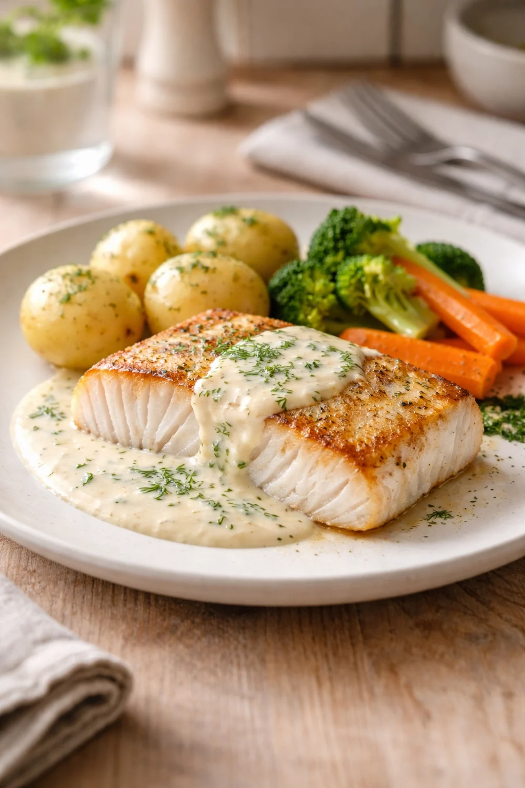 Stekt torsk med fløtesaus