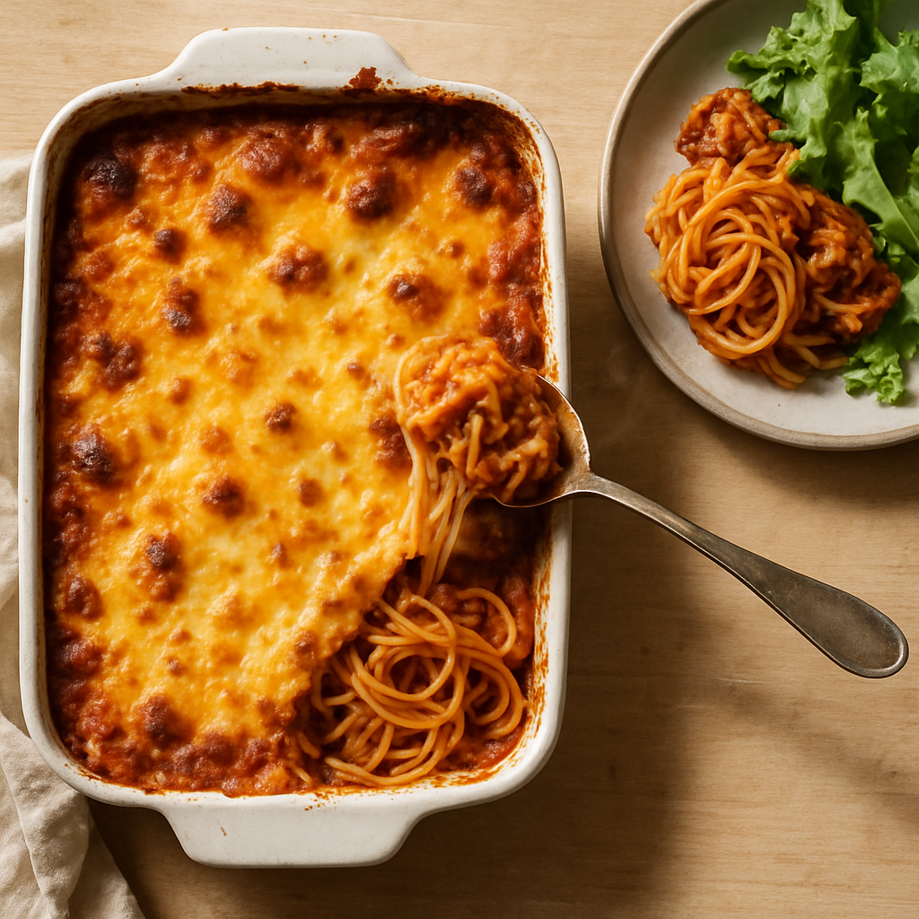 Cheesy Spagetti – ferdig stekt og servert